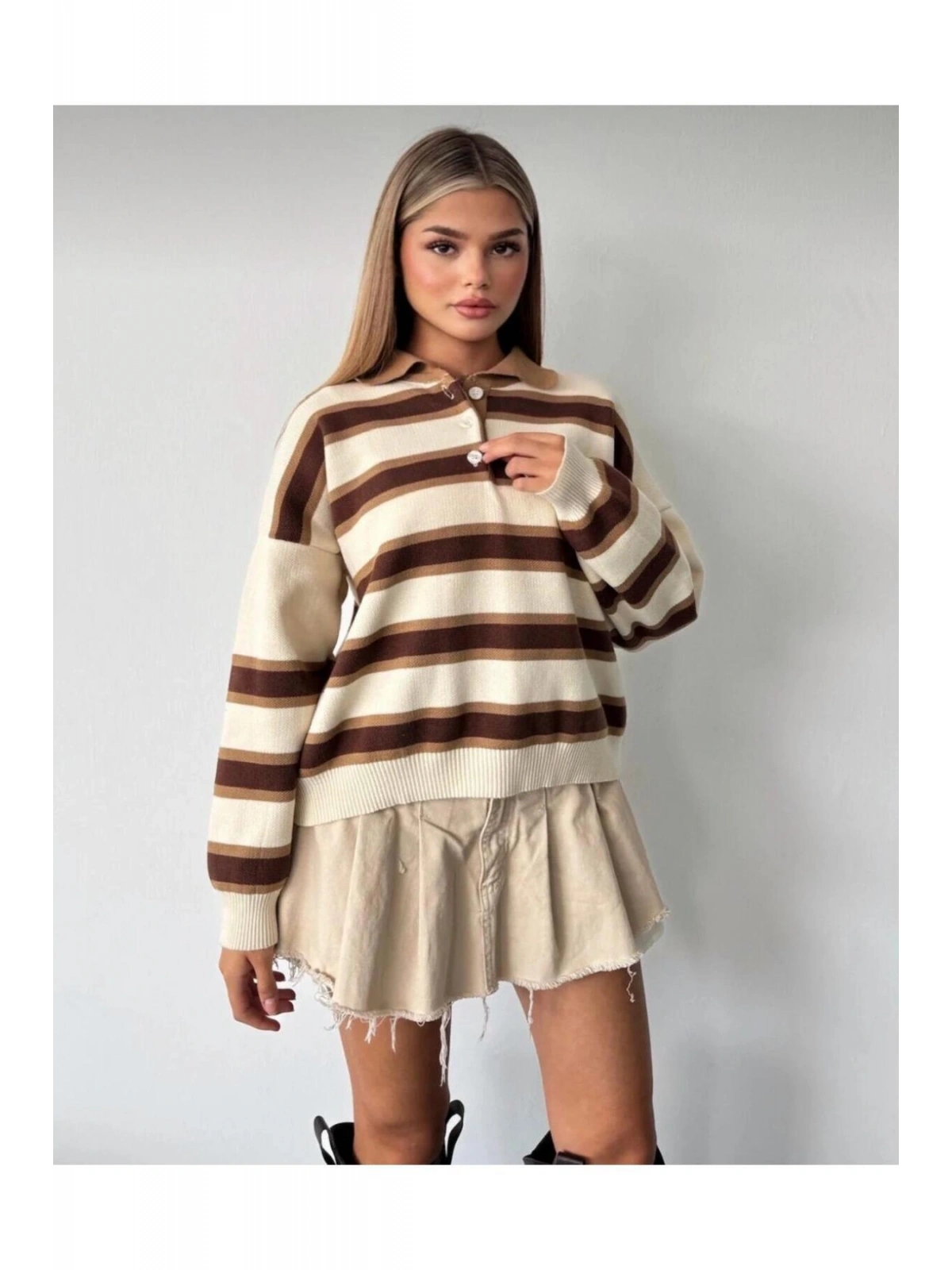 Kadın Çizgili Polo Yaka Oversize Triko Kazak