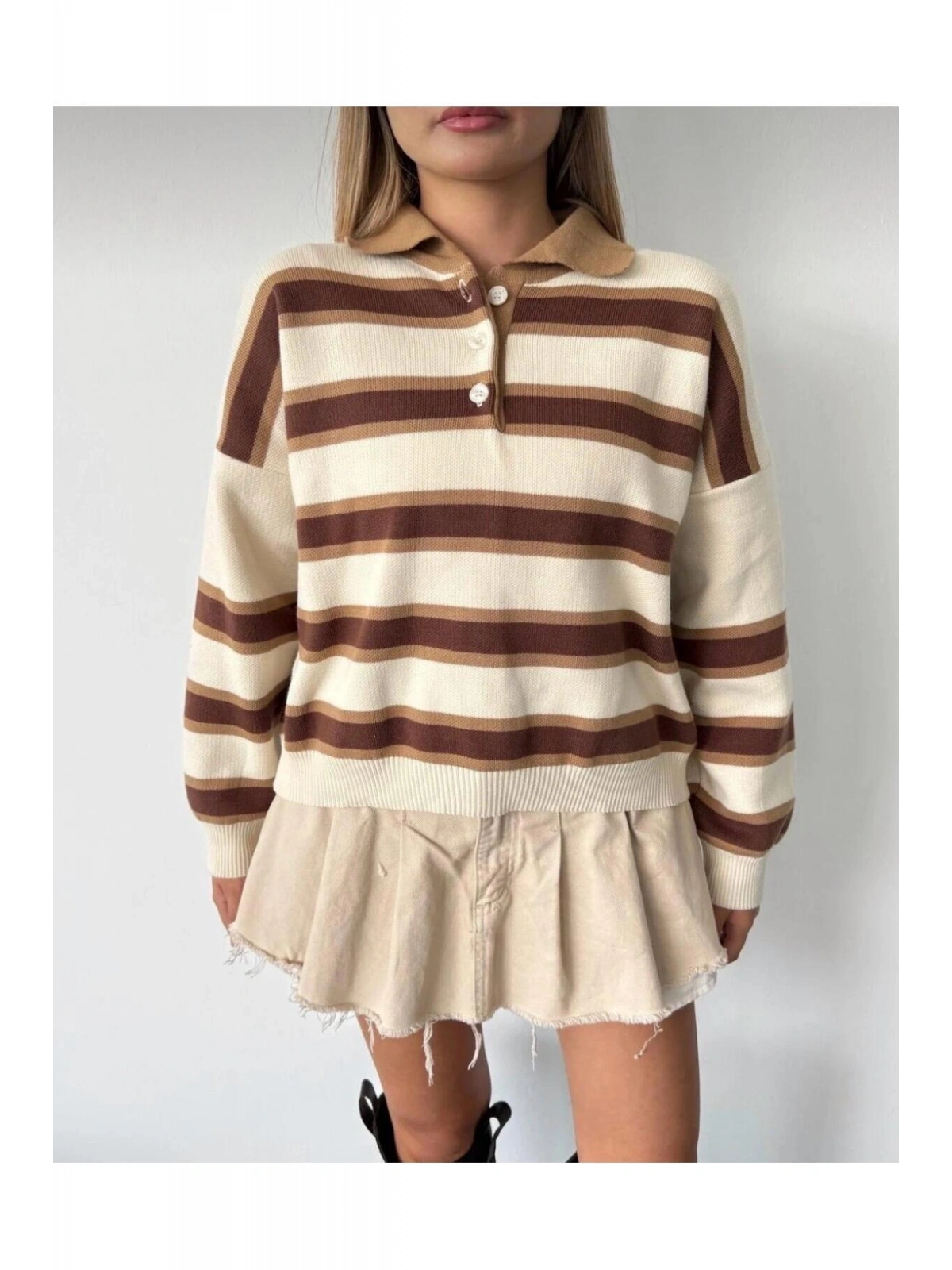 Kadın Çizgili Polo Yaka Oversize Triko Kazak