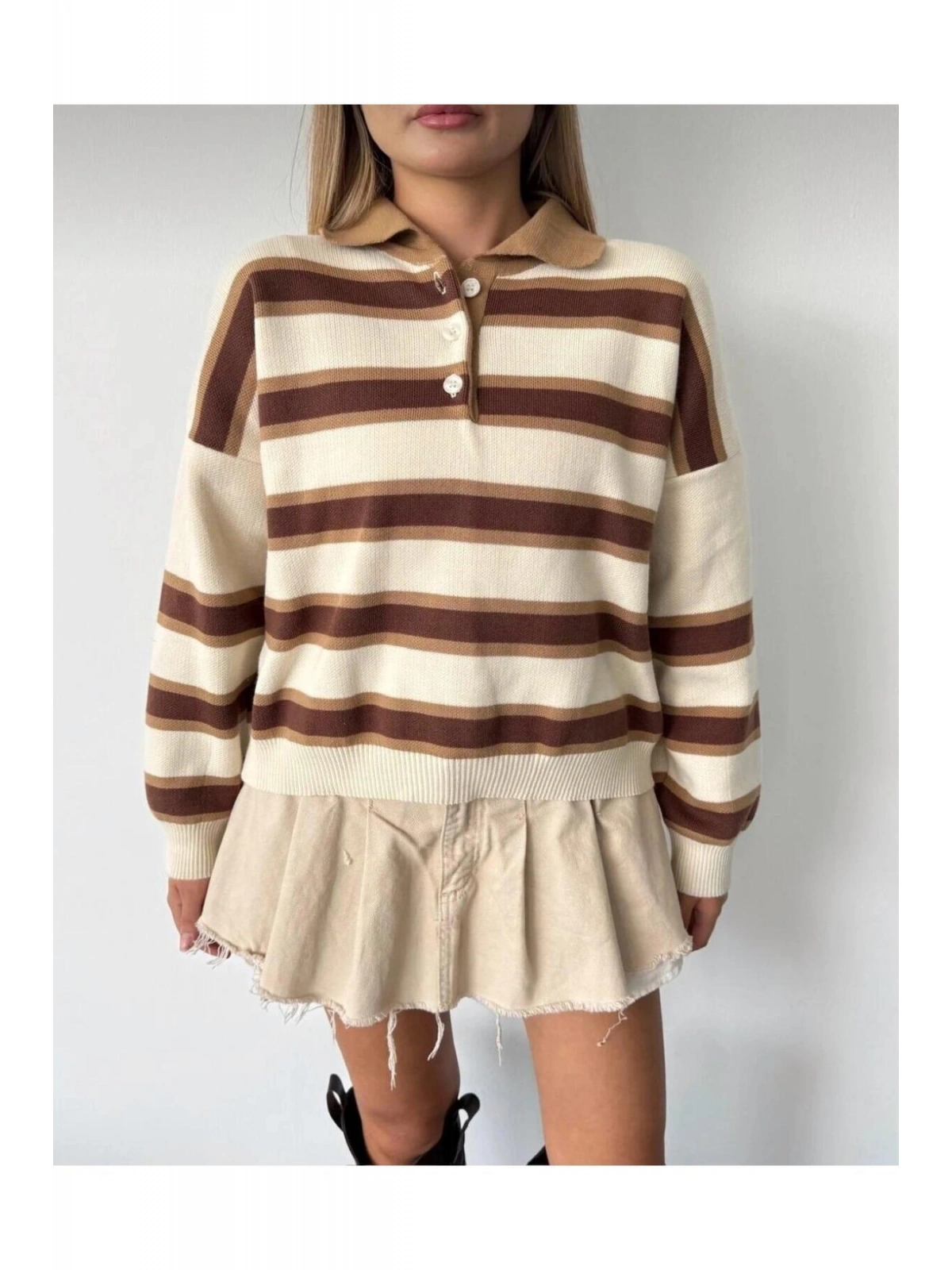 Kadın Çizgili Polo Yaka Oversize Triko Kazak