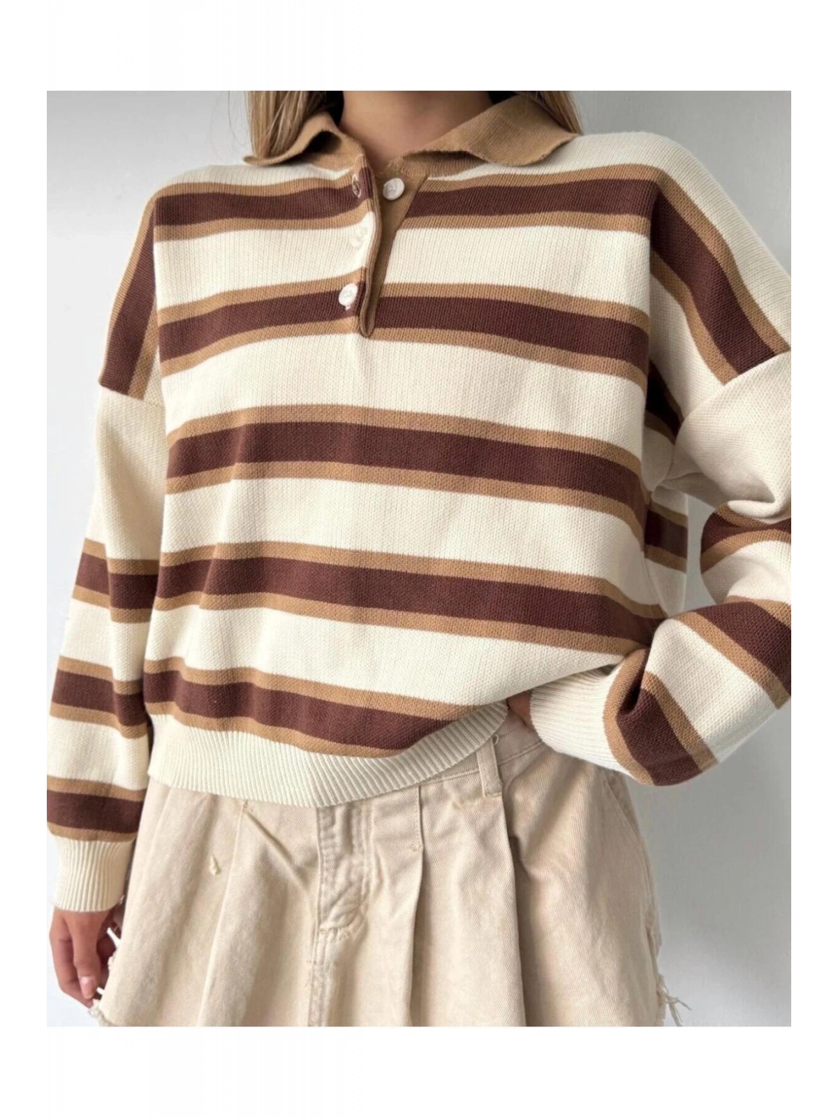 Kadın Çizgili Polo Yaka Oversize Triko Kazak