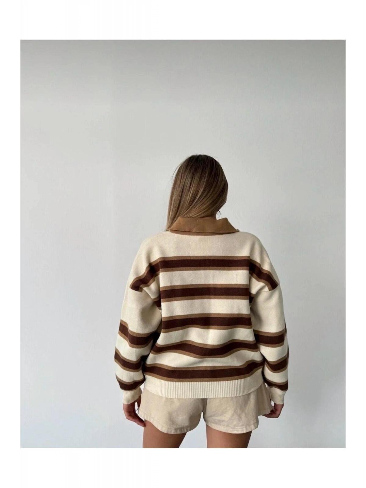 Kadın Çizgili Polo Yaka Oversize Triko Kazak