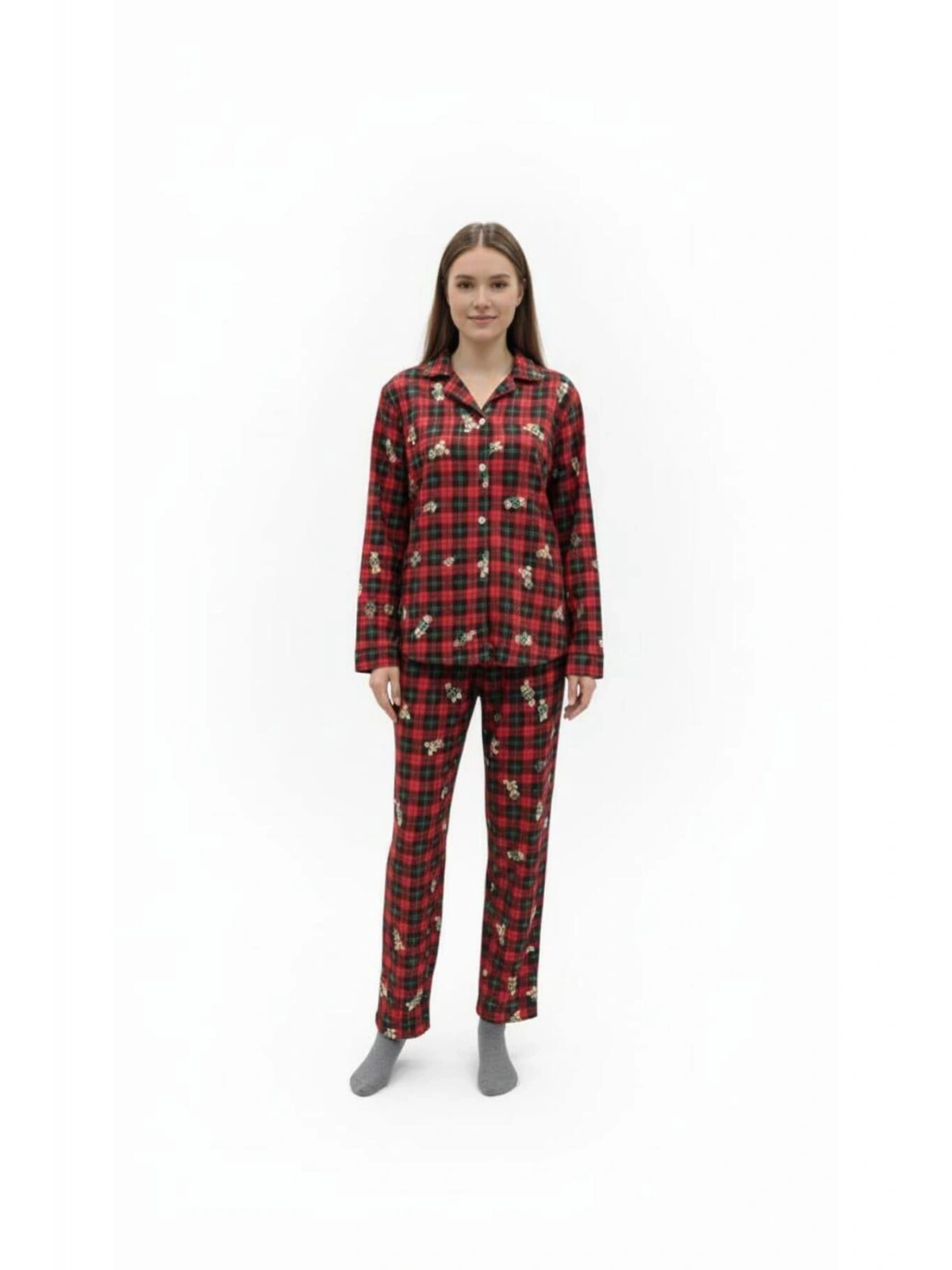 Kadın Kırmızı Ayıcık Desenli Düğmeli Uzun Kollu Pijama Takımı