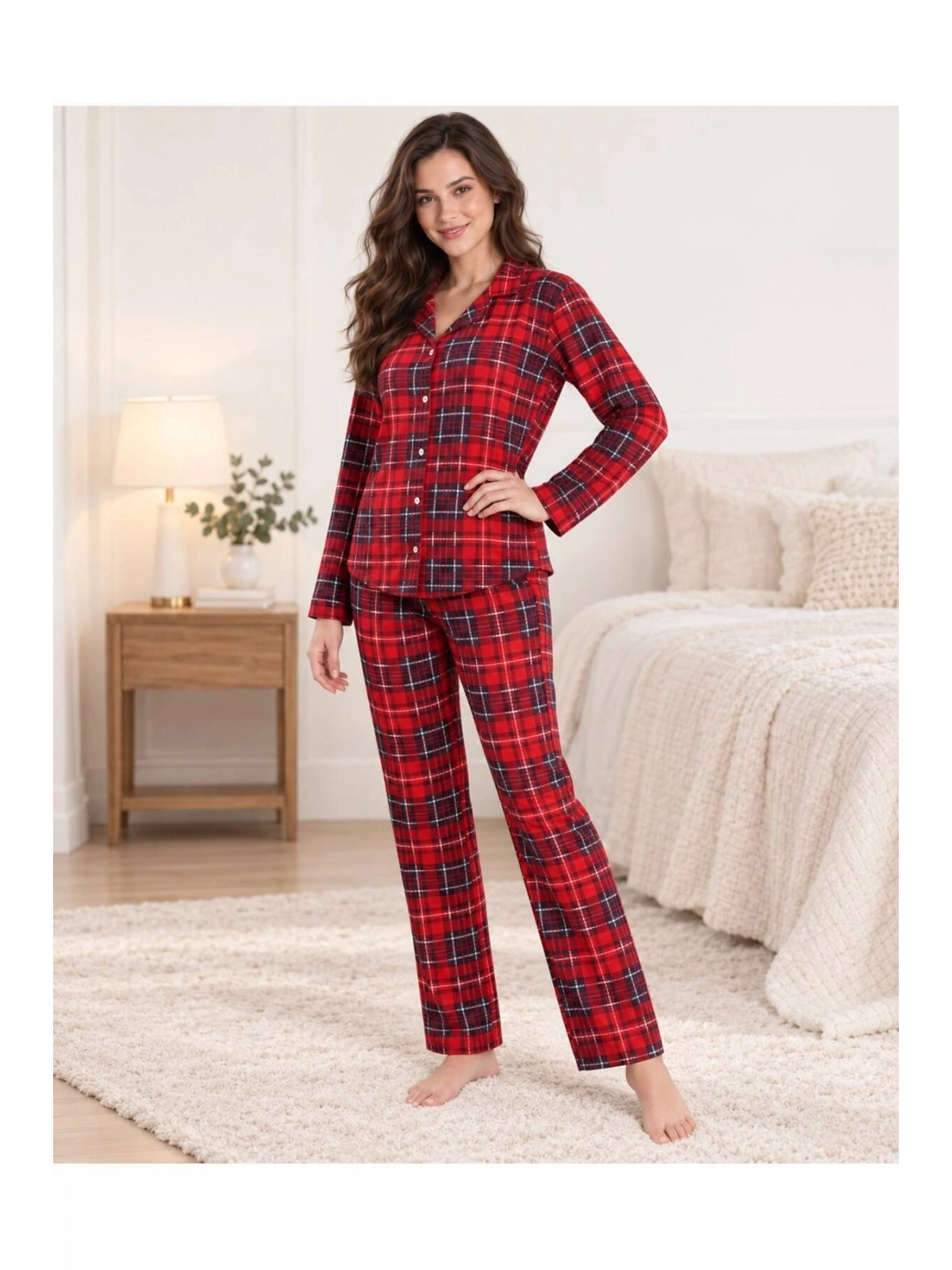 Ekose Desenli Düğmeli Uzun Kollu Kadın Pijama Takımı