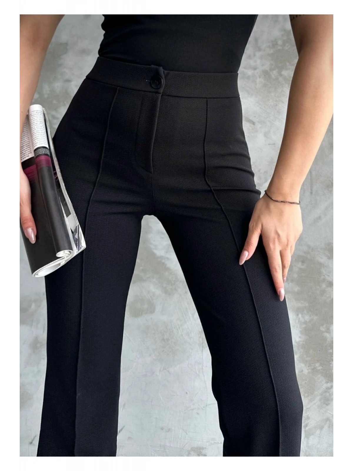 Kadın Yüksek Bel İspanyol Paça Krep Kumaş Pantolon — Slim Fit Şık Pantolon