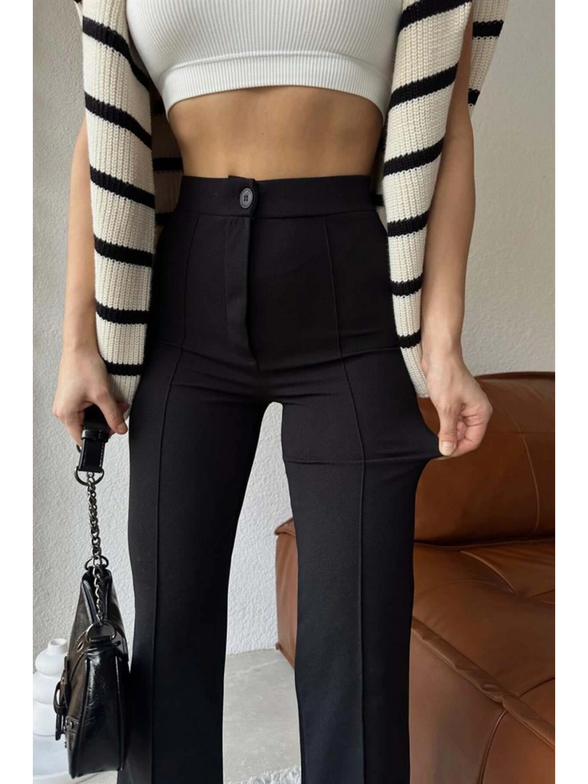 Kadın Yüksek Bel İspanyol Paça Krep Kumaş Pantolon — Slim Fit Şık Pantolon