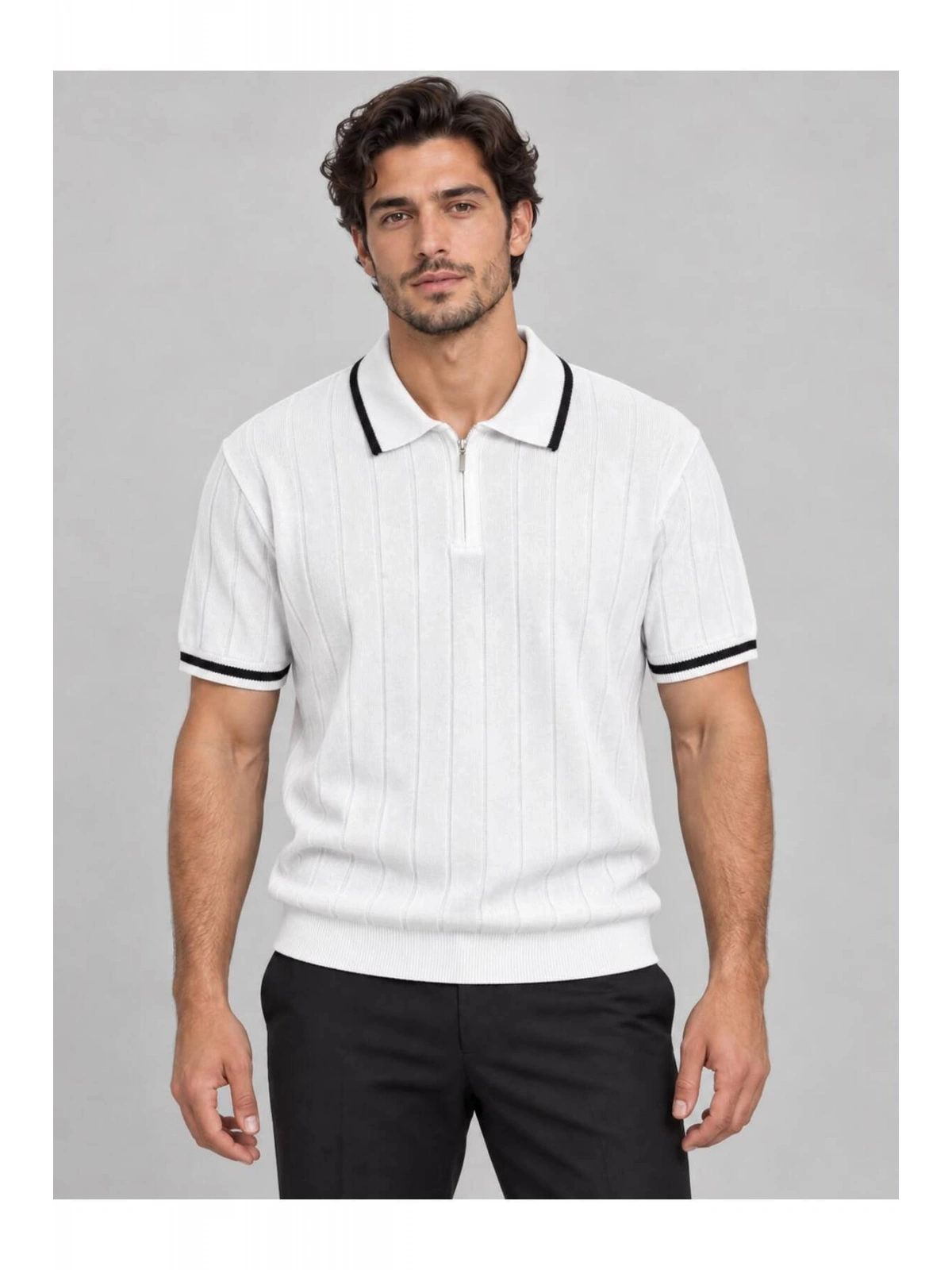Fermuarlı Polo Yaka Kısa Kollu Triko T-shirt