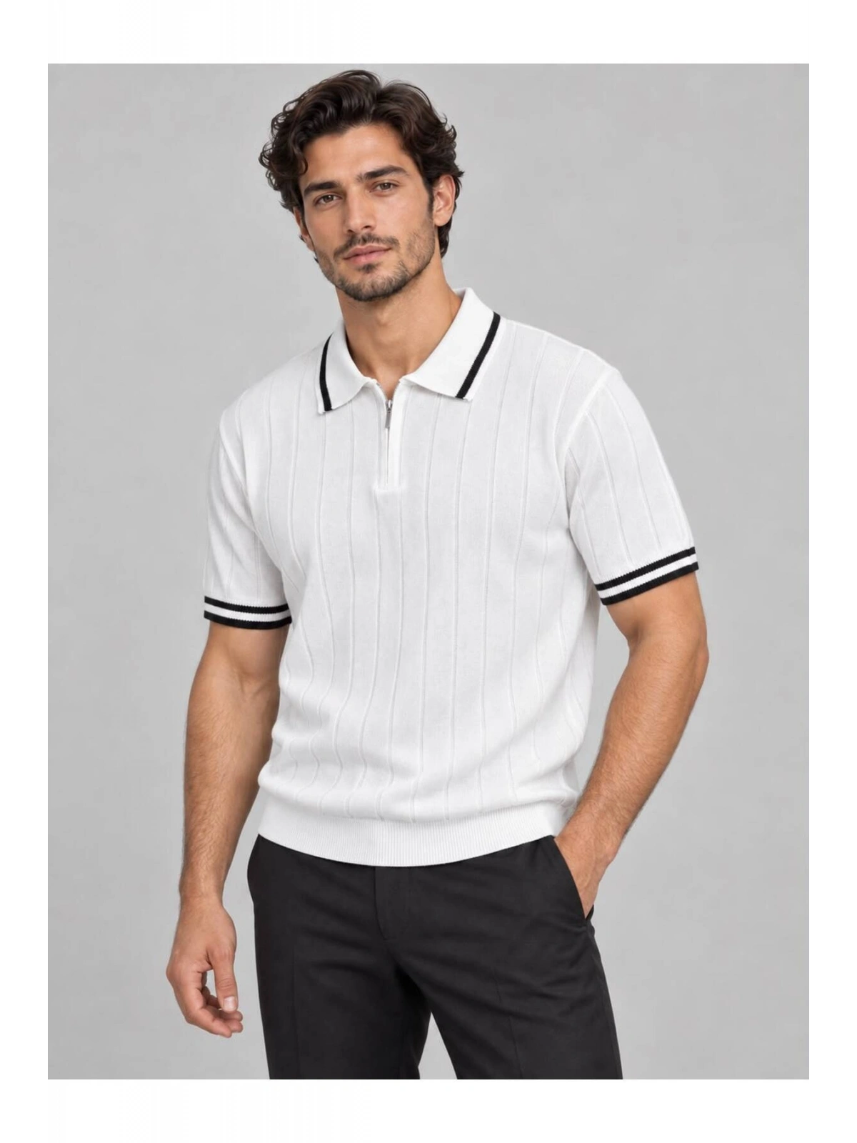 Fermuarlı Polo Yaka Kısa Kollu Triko T-shirt