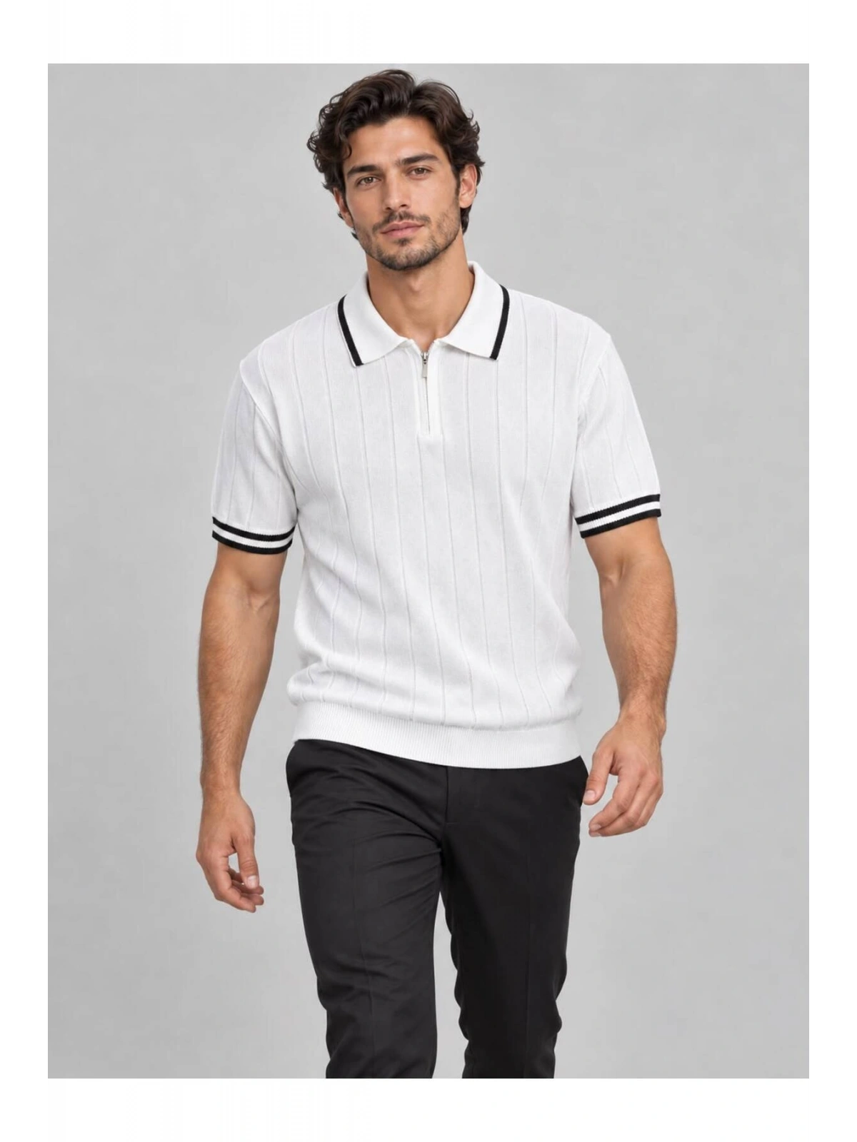 Fermuarlı Polo Yaka Kısa Kollu Triko T-shirt