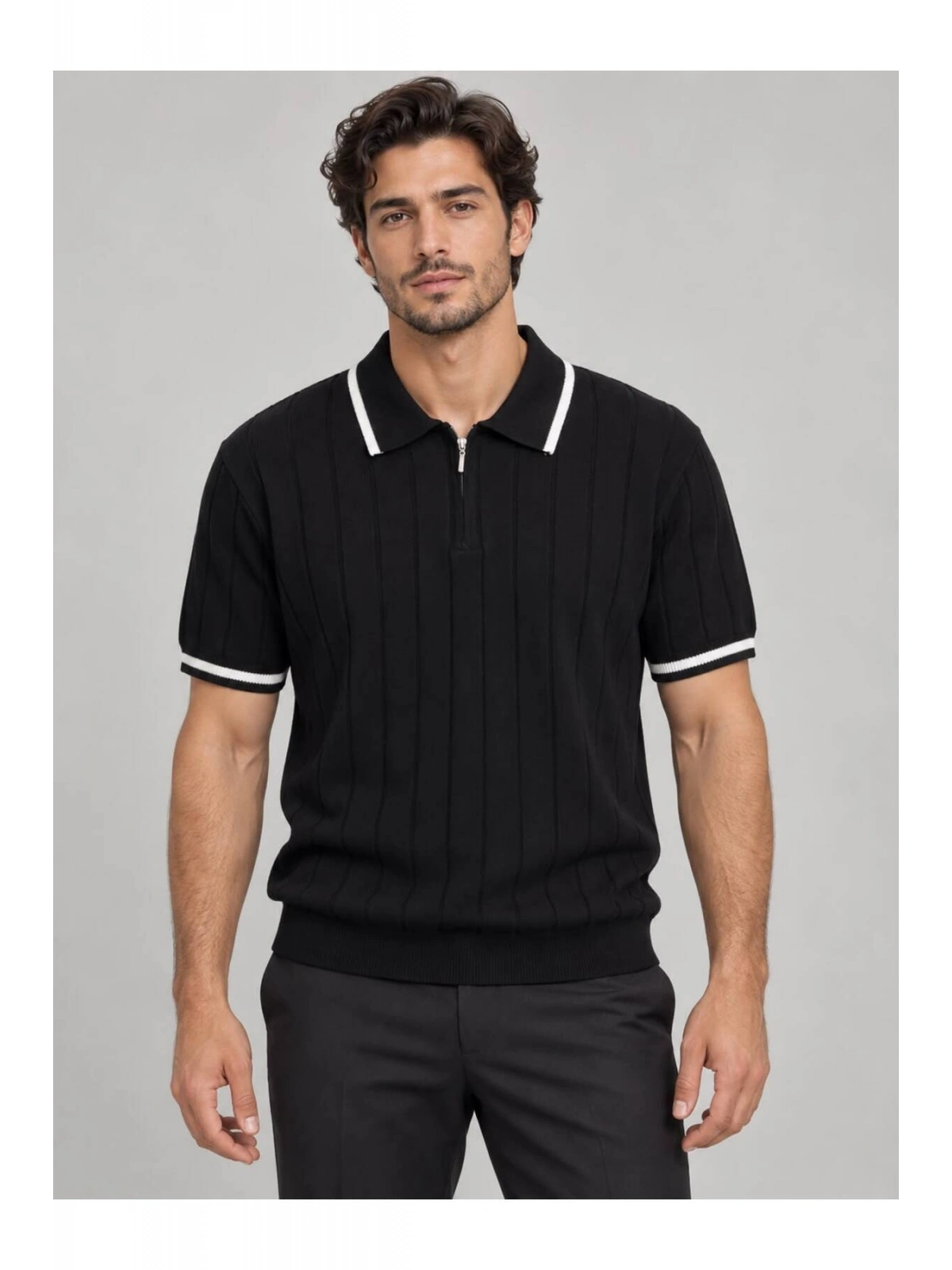 Fermuarlı Polo Yaka Kısa Kollu Triko T-shirt