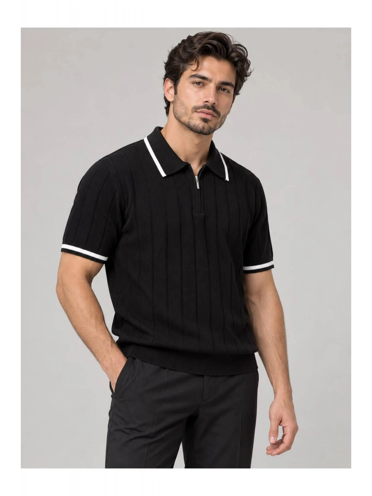 Fermuarlı Polo Yaka Kısa Kollu Triko T-shirt