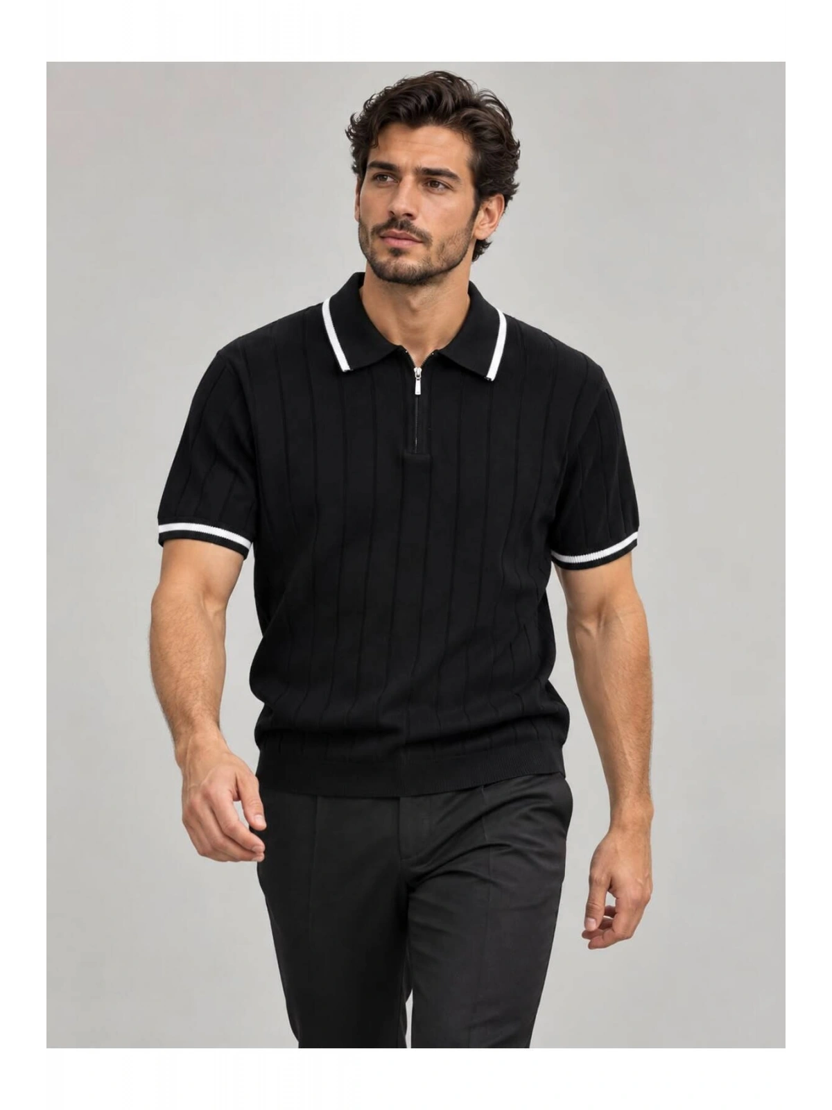 Fermuarlı Polo Yaka Kısa Kollu Triko T-shirt