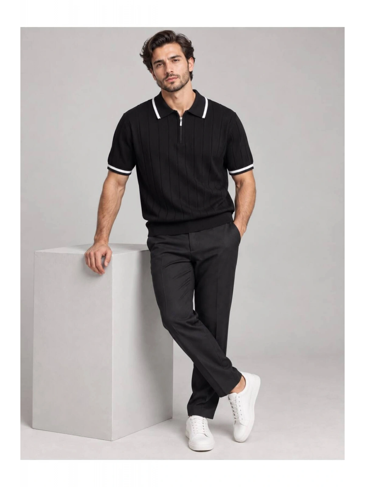 Fermuarlı Polo Yaka Kısa Kollu Triko T-shirt