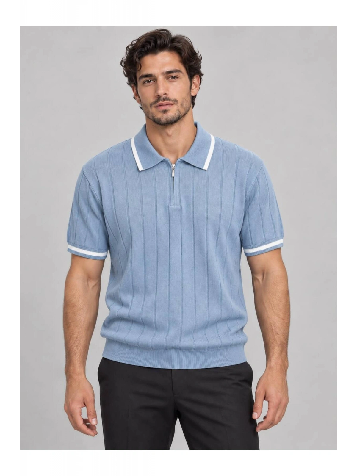 Fermuarlı Polo Yaka Kısa Kollu Triko T-shirt