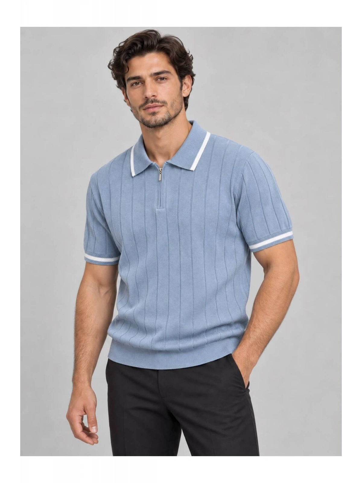 Fermuarlı Polo Yaka Kısa Kollu Triko T-shirt