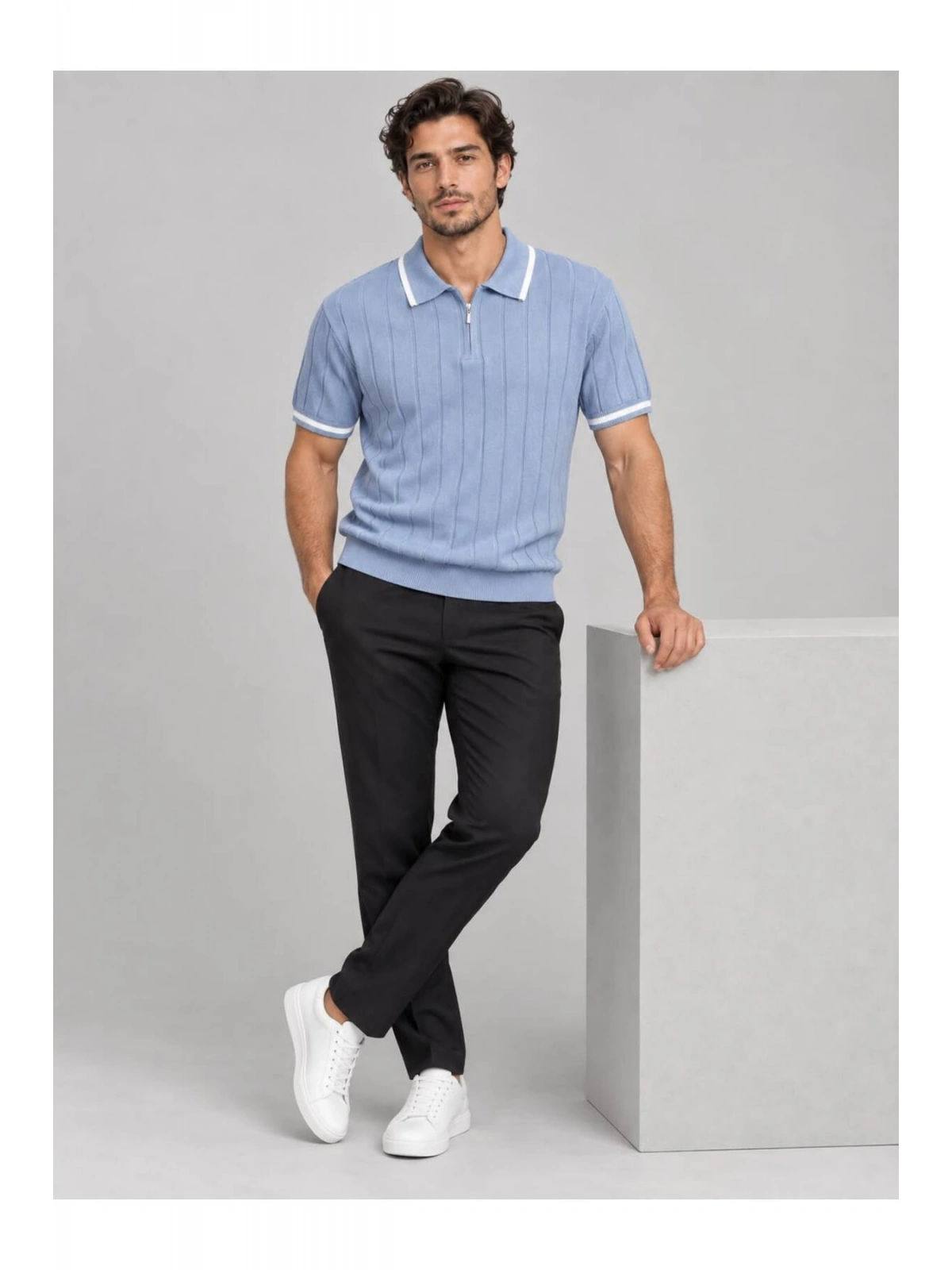 Fermuarlı Polo Yaka Kısa Kollu Triko T-shirt