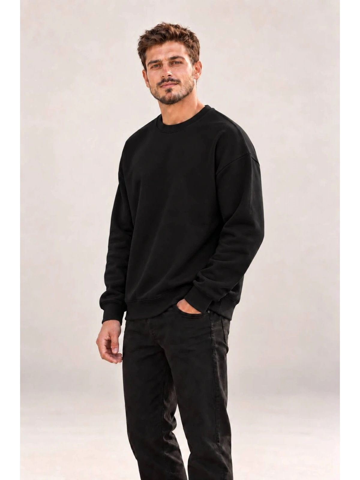 Erkek Oversize Bisiklet Yaka Basic Sweatshirt
