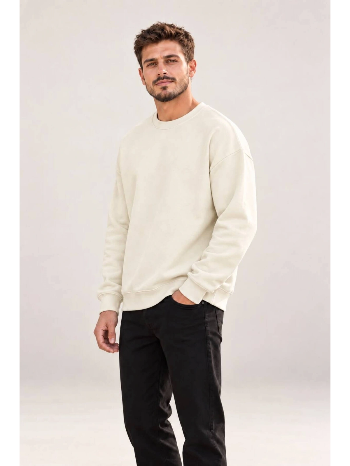 Erkek Oversize Bisiklet Yaka Basic Sweatshirt