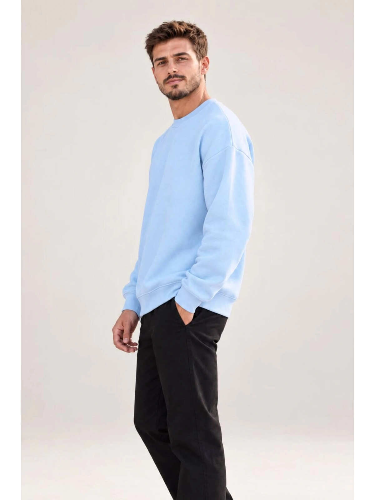 Erkek Oversize Bisiklet Yaka Basic Sweatshirt