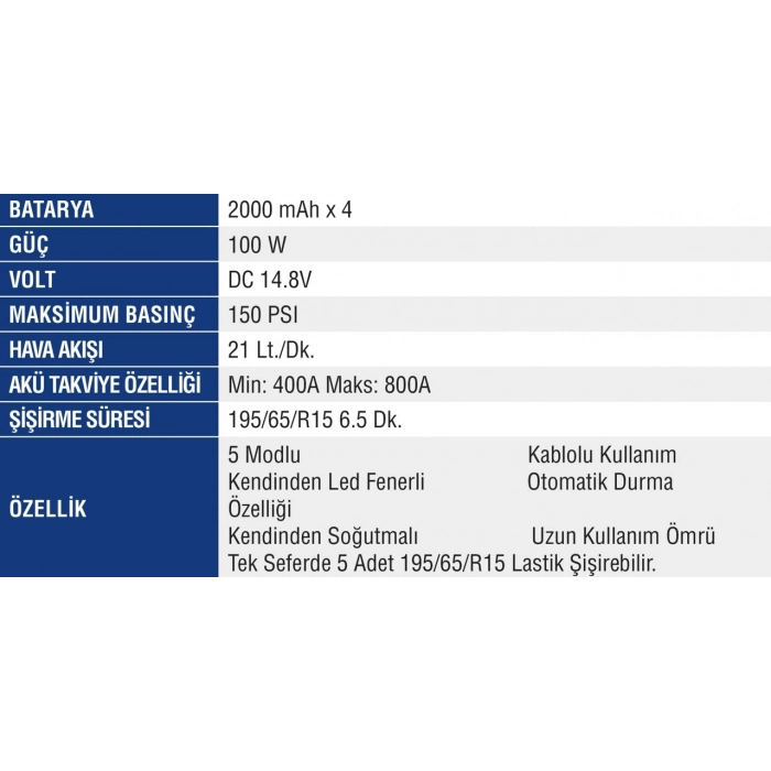 MERCURE AKÜ TAKVİYE LASTİK ŞİŞİRME ŞARJLI MC-5647