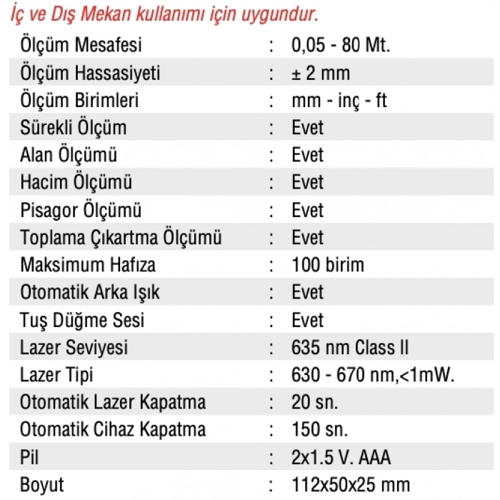 MERCURE LAZER METRE 80 METRE