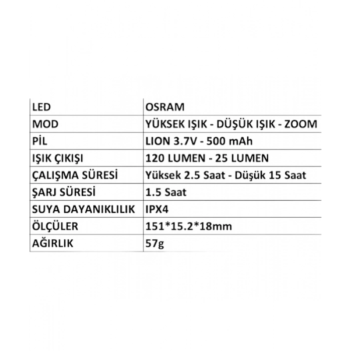 MERCURE LEDLİ KALEM TİP FENER MC-7669 ŞARJLI