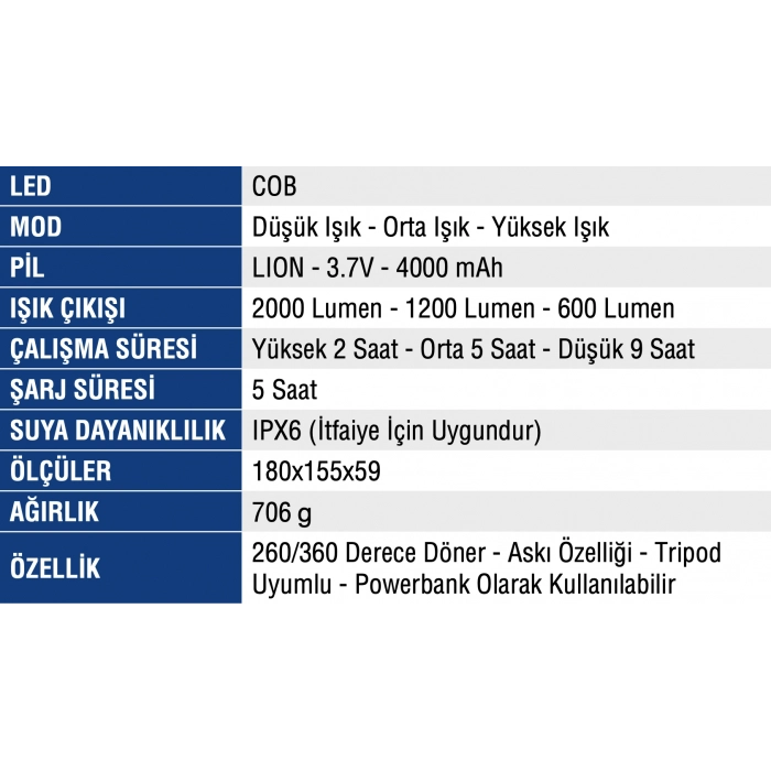 MERCURE LEDLİ PROJEKTÖR FENER MC-6936 ŞARJLI