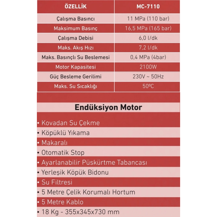 MERCURE YÜKSEK BASINÇLI OTO YIKAMA MAKİNASI PRO 2100 W. 165 Bar Endüksiyon Motorlu