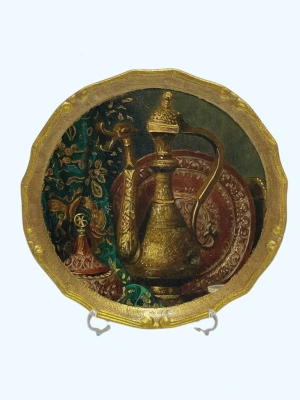 El Yapimi,Altın Yaldız İşlemeli Porselen Kahve Tepsi Ve Duvar Tabağı (Askı Aparatlı)