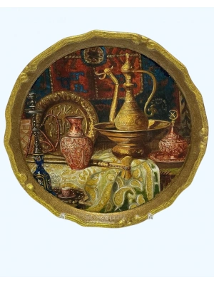 El Yapimi,Altın Yaldız İşlemeli Porselen Kahve Tepsi Ve Duvar Tabağı (Askı Aparatlı)