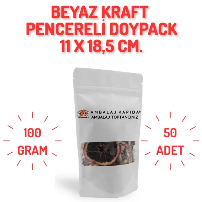 11x18,5 cm. Beyaz Kraft Pencereli Doypack - 50 Adet