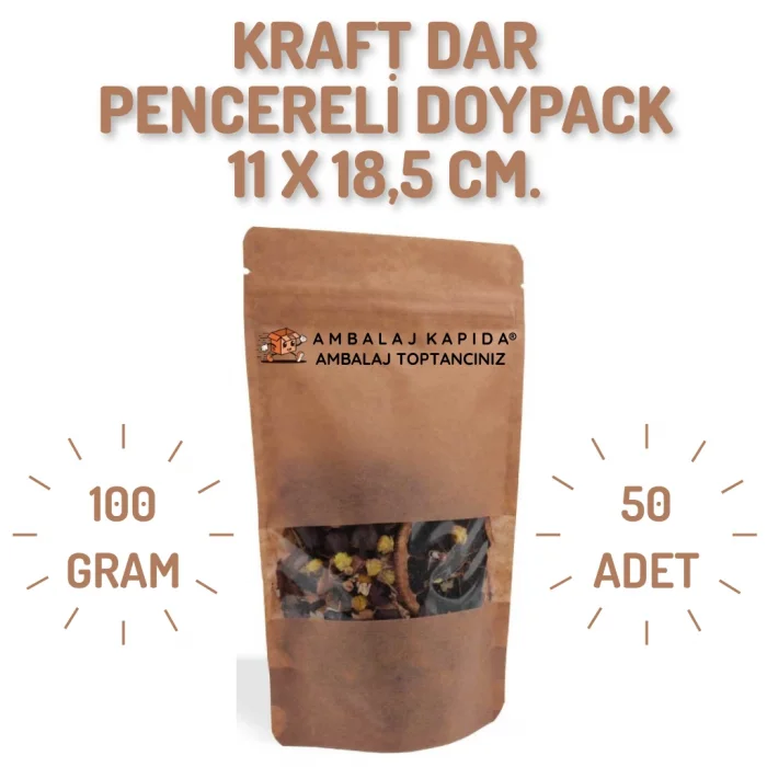 11x18,5 cm. Kraft Dar Pencereli Doypack - 50 Adet