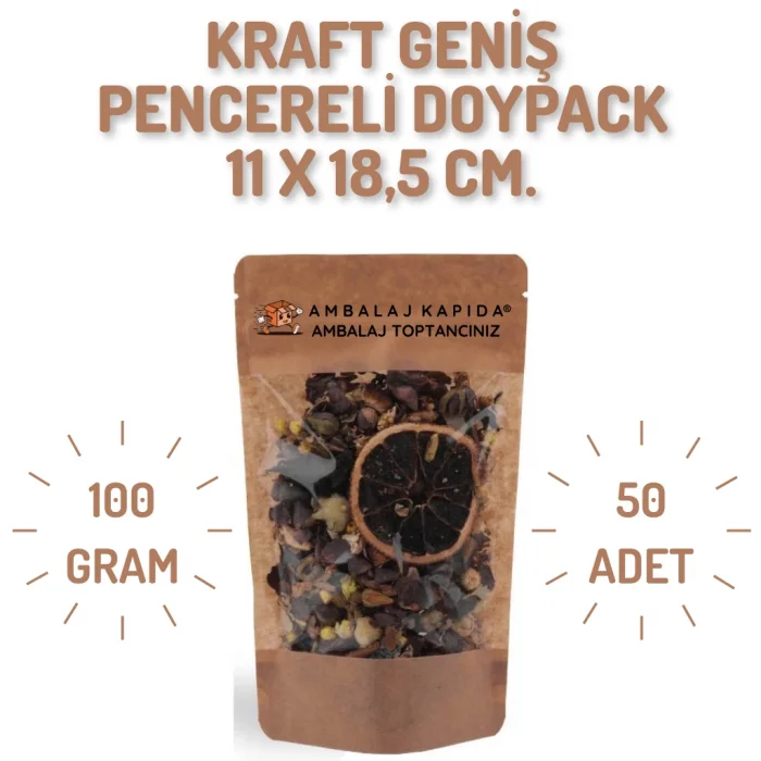 11x18,5 cm. Kraft Geniş Pencereli Doypack - 50 Adet