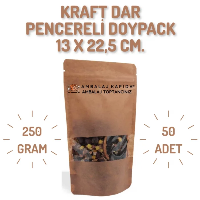 13x22,5 cm. Kraft Dar Pencereli Doypack - 50 Adet