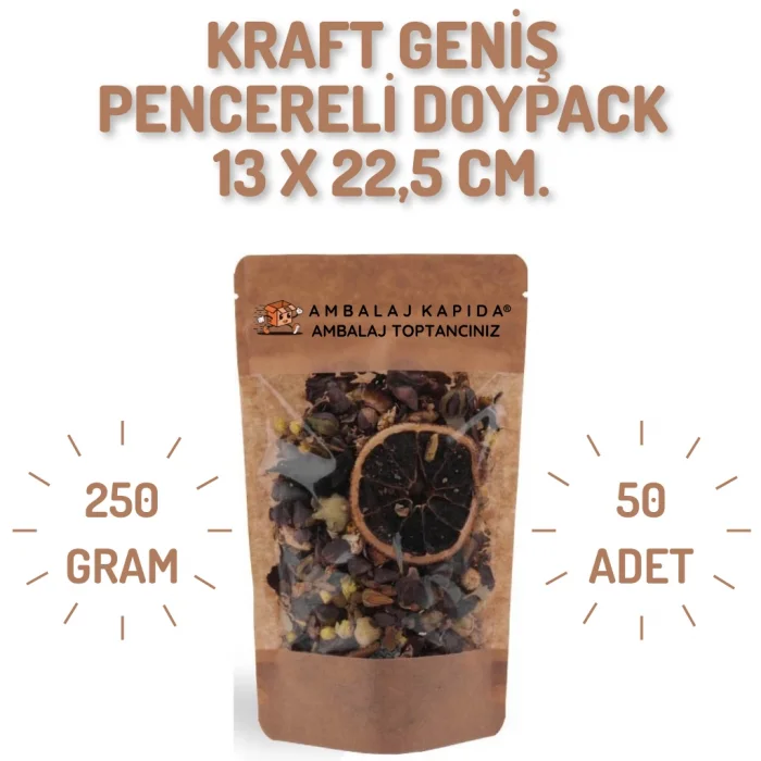 13x22,5 cm. Kraft Geniş Pencereli Doypack - 50 Adet