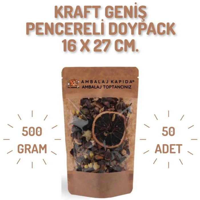 16x27 cm. Kraft Geniş Pencereli Doypack - 50 Adet