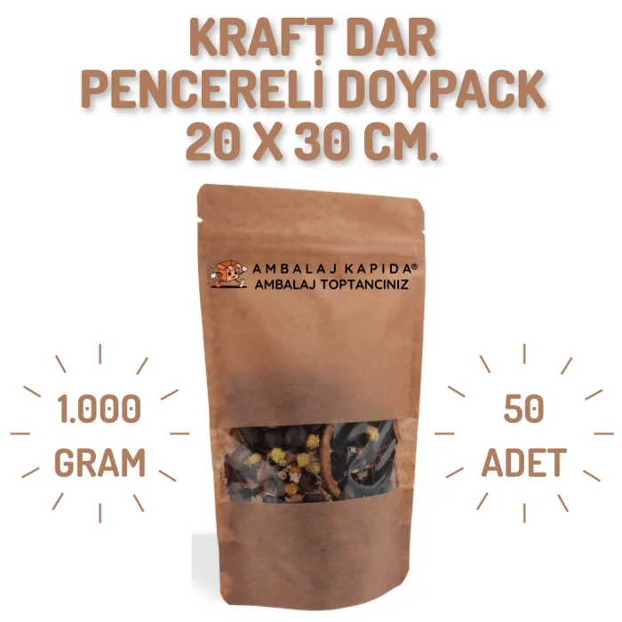 20x30 cm. Kraft Dar Pencereli Doypack - 50 Adet