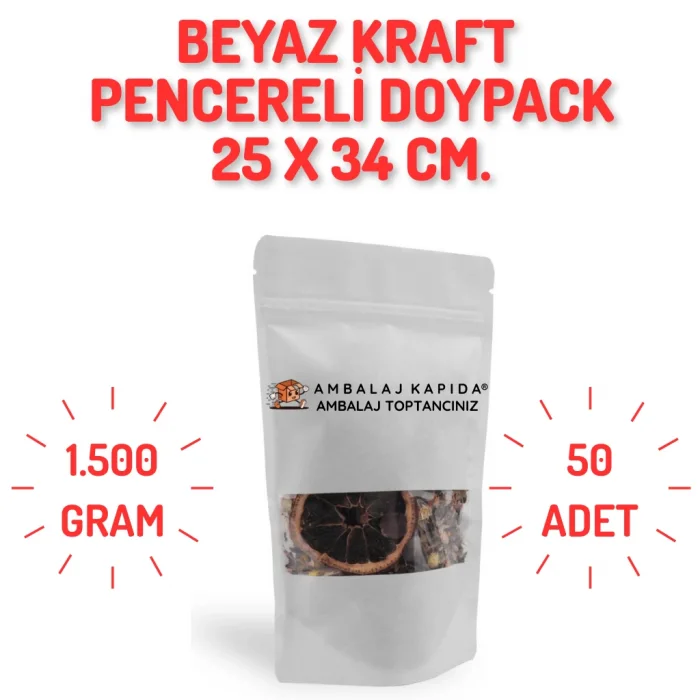 25x34 cm. Beyaz Kraft Pencereli Doypack - 50 Adet