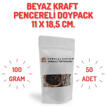 11x18,5 cm. Beyaz Kraft Pencereli Doypack - 50 Adet