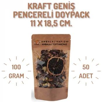 11x18,5 cm. Kraft Geniş Pencereli Doypack - 50 Adet
