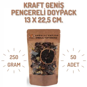 13x22,5 cm. Kraft Geniş Pencereli Doypack - 50 Adet