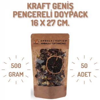16x27 cm. Kraft Geniş Pencereli Doypack - 50 Adet