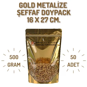 16x27 Gold Şeffaf Metalize Doypack - 50 Adet