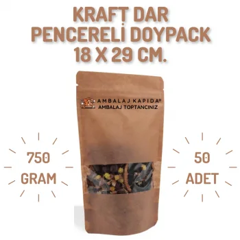 18x29 cm. Kraft Dar Pencereli Doypack - 50 Adet