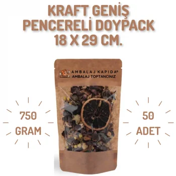 18x29 cm. Kraft Geniş Pencereli Doypack - 50 Adet