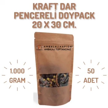 20x30 cm. Kraft Dar Pencereli Doypack - 50 Adet