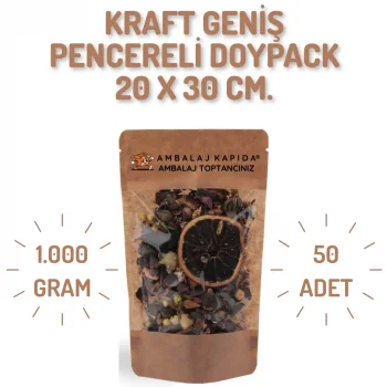 20x30 cm. Kraft Geniş Pencereli Doypack - 50 Adet