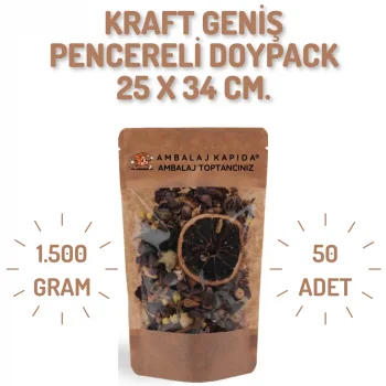 25x34 cm. Kraft Geniş Pencereli Doypack - 50 Adet