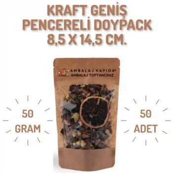 8,5x14,5 cm. Kraft Geniş Pencereli Doypack - 50 Adet