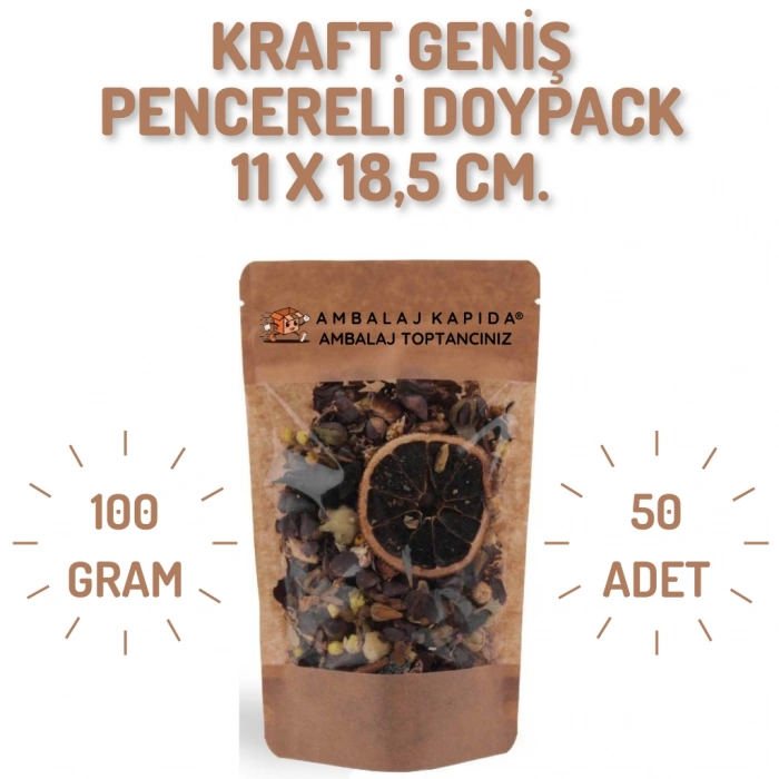 11x18,5 cm. Kraft Geniş Pencereli Doypack - 50 Adet