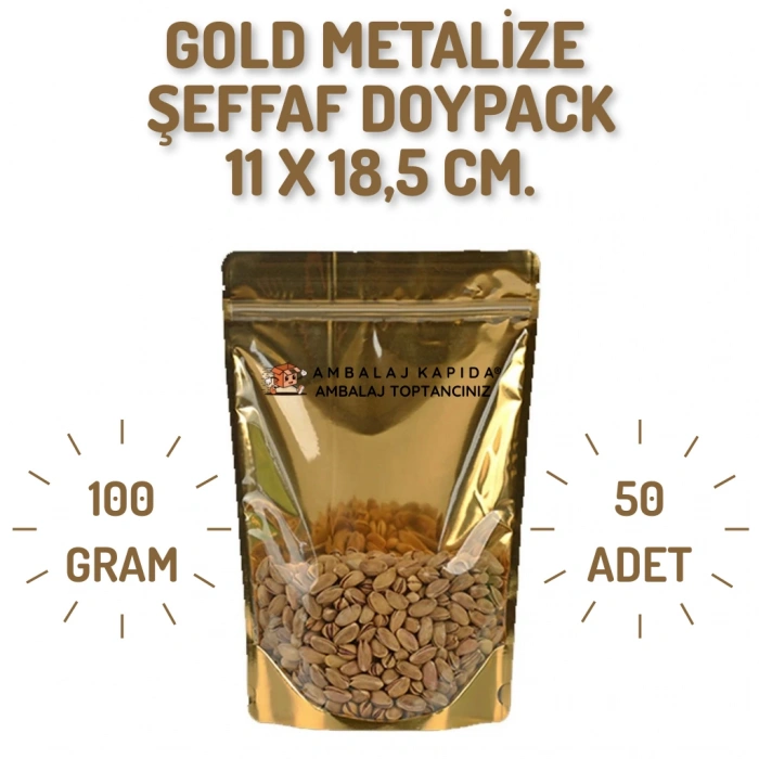 11x18,5 Gold Şeffaf Metalize Doypack - 50 Adet